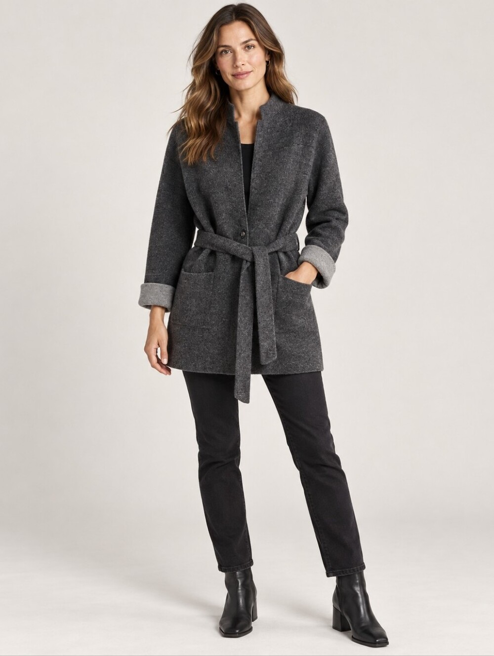 Jones New York Collection Wool Knit Belted Cardigan Jacket Women’s Medium Gray